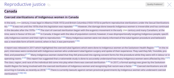 Authorship highlighting of student edits to Reproductive justice on English Wikipedia